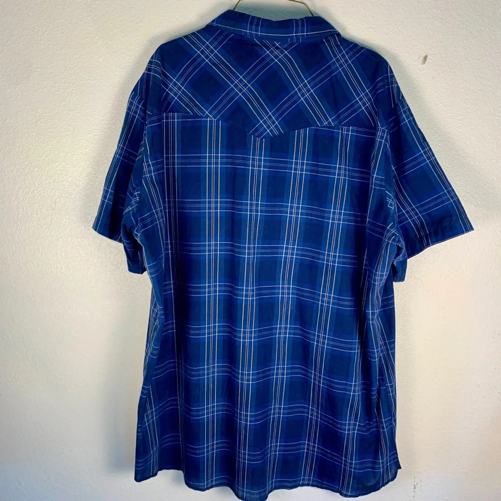 Lot of 2 Wrangler‎ 2XLT Tall Pearl Snap Western Shirts Blue Plaid Short Sleeves